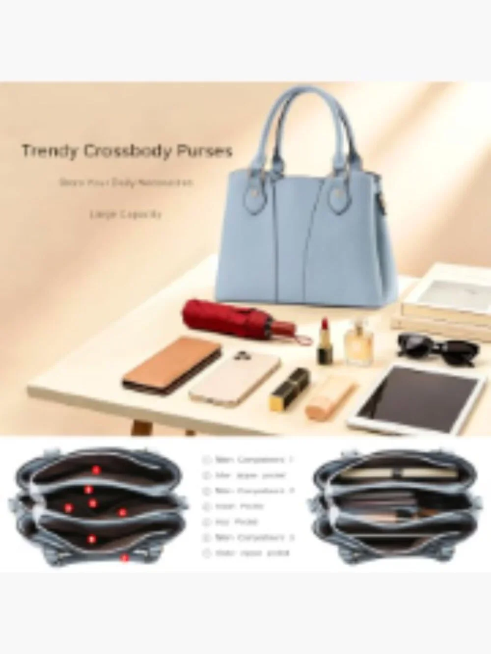 Women's Vegan Leather Crossbody Satchel Handbag with Zipper, Tote Shoulder Bag